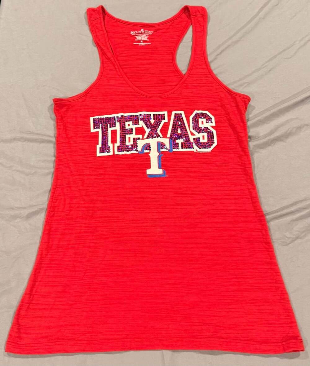 Soft as a Grape Women's Red Texas Rangers Sequin Racerback Tank Top Size Large